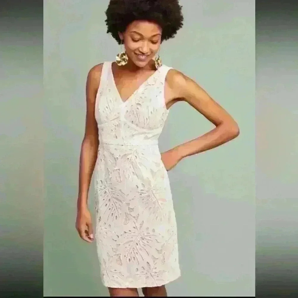 Anthropologie Maeve Womens Gardenia Lace Column Sleeveless Ivory Peach Dress 8